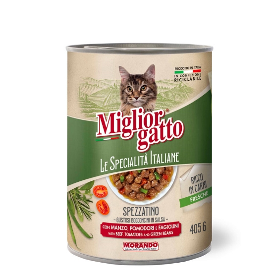 Picture of Miglior GattoSpezzatino (Stew) – Small chunks in sauce with beef, tomatoes and green beans 405 (12/pack)