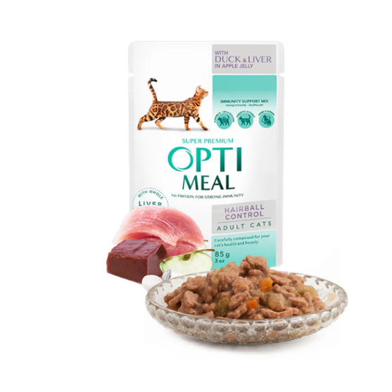 Picture of OPTIMEAL - Hairball Control - Duck and Slices of Liver in apple jelly (3+1) pack