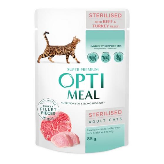 Picture of Optimeal Wet food for Sterilised cats with Beef & Turkey fillet in jelly 85g (9+3 Free/ pack)  