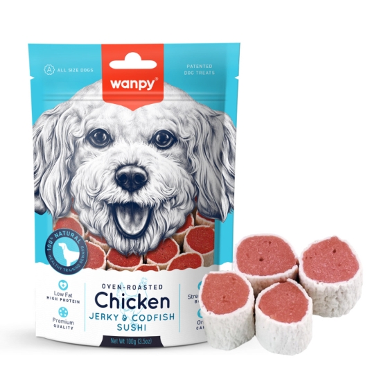 Picture of Wanpy Dog Oven-Roasted Chicken Jerky & Codfish Sushi Treats 100g (3-Pack)