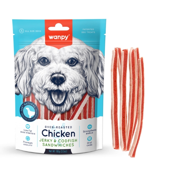 Picture of Wanpy Oven-Roasted Chicken Jerky & Codfish Sandwiches Dog Treats  100g