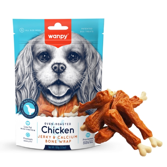 Picture of Wanpy Oven Roasted Chicken Jerky & Calcium Bone Wrap Dog Treats  100g