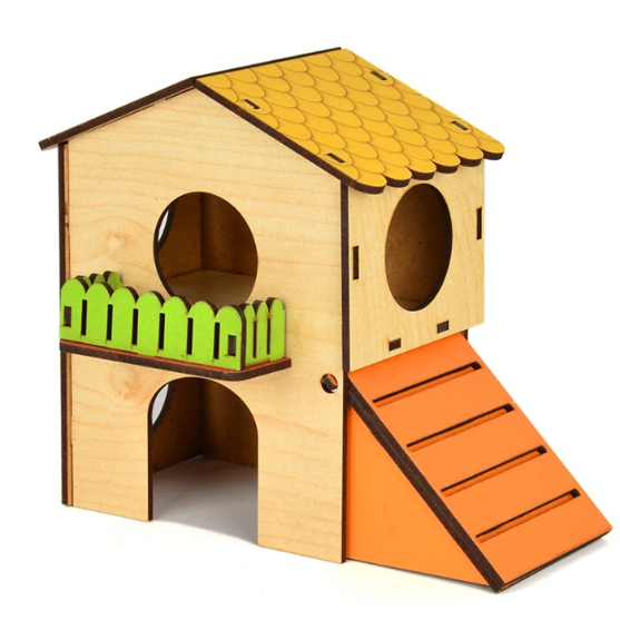 Picture of Multi-Level Wooden Hamster Hideout House with Climbing Ramp & Balcony