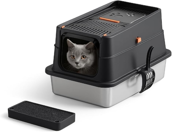 Picture of Stainless Steel Cat Litter Box with Odor Control Filter & Paw Cleaning Mat (61cm - Space Grey)