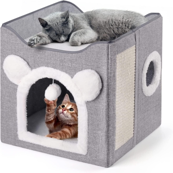 Picture of Multifunctional Foldable Cat Cube House Bed with Scratch Board & Plush Toy