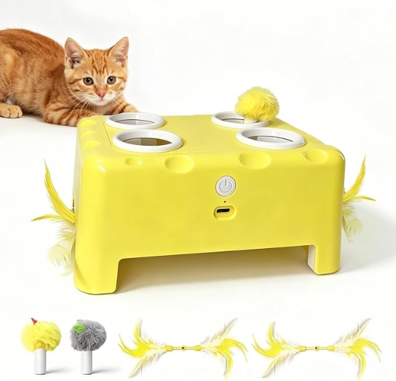 Picture of 3-in-1 Cheese Box Interactive Electronic Cat Toy — Whack-A-Mole, Rotating Feather Teaser, & Smart Motion Pet Toy